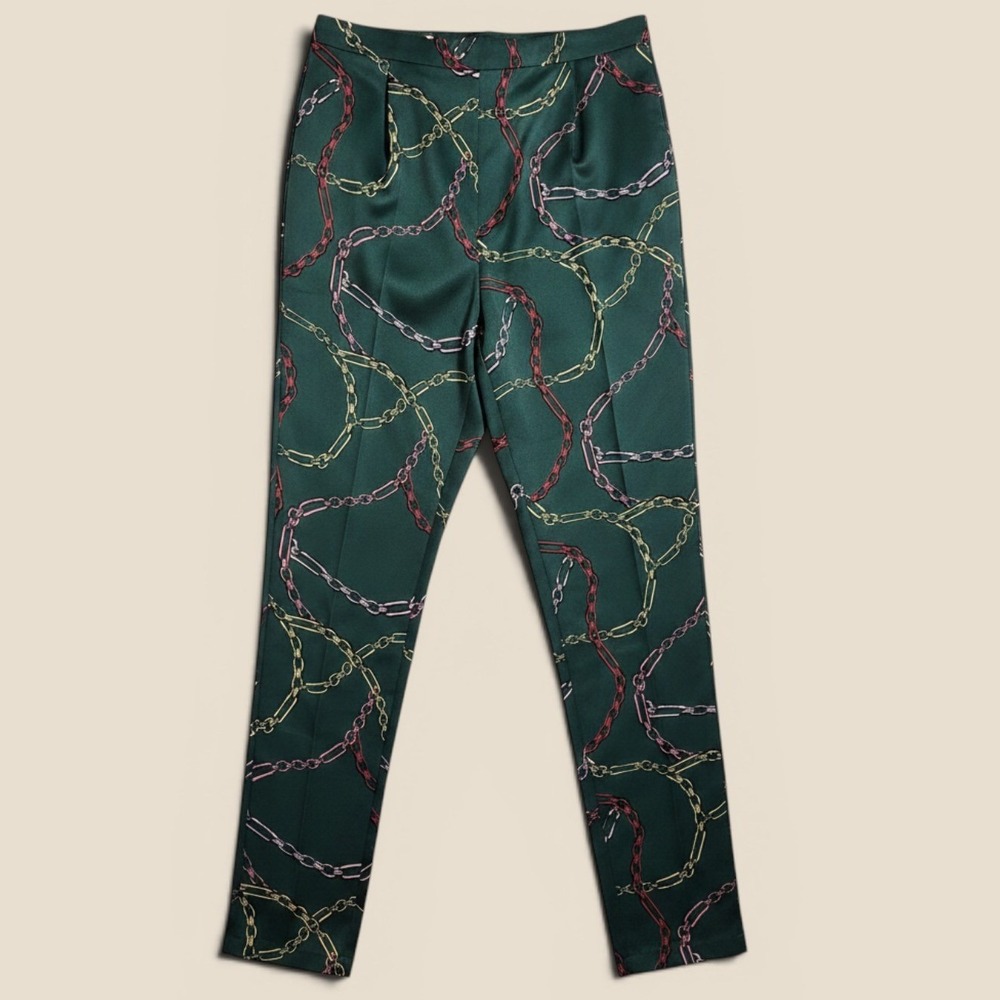 Primark Women Green Chain Print Tapered Trousers Elastic Waist Pants Size 8